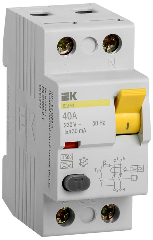 Выключатель дифференциального тока УЗО IEK ВД1-63 2п 40А 30мА 4,5,кА тип AC